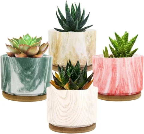 Lot de 4 pots en céramique marbrée, 9 cm, avec plateau