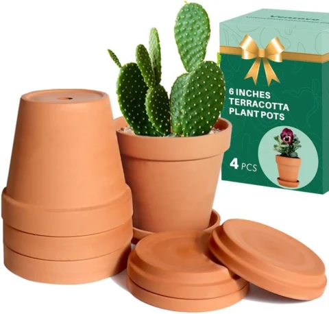 Lot de 4 pots en terre cuite avec soucoupe, 15 cm