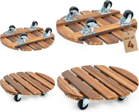 Lot de 4 supports à roulettes pour pots, bois