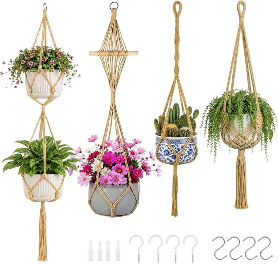 Lot de 4 suspensions macramé kaki, 4 longueurs