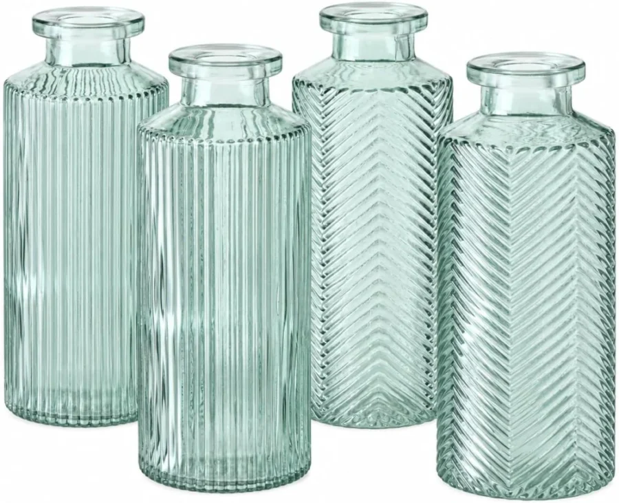 Lot de 4 vases bouteille en verre vert sauge, 13,8 cm