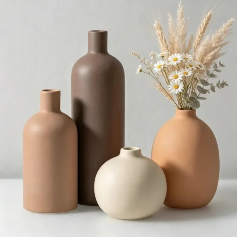 Lot de 4 vases en céramique marron, tons neutres