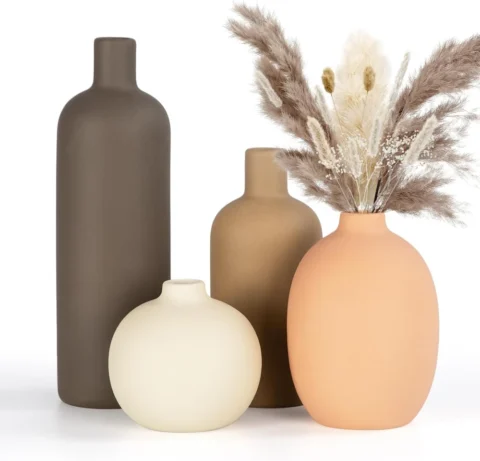 Lot de 4 vases ovales en céramique marron et blanc
