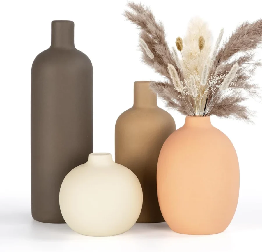 Lot de 4 vases ovales en céramique marron et blanc