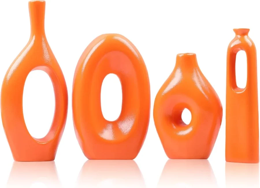 Lot de 4 vases ronds creux en céramique orange, pampas
