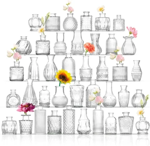 Lot de 40 petits vases en verre transparent