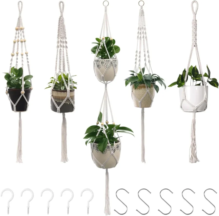 Lot de 5 paniers suspendus en macramé, style bohème