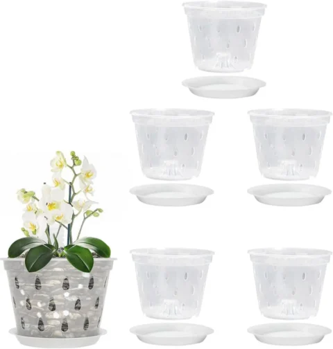 Lot de 5 pots à orchidées transparents avec plateau, 11 cm