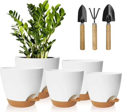 Lot de 5 pots de fleurs auto-arrosants, blanc et marron