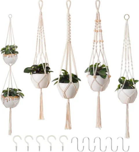 Lot de 5 suspensions en macramé pour pots de fleurs