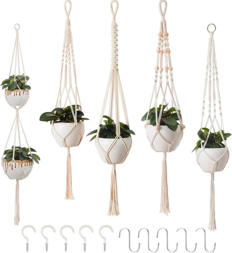 Lot de 5 suspensions en macramé pour pots de fleurs