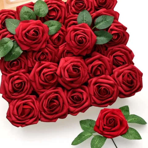 Lot de 50 roses artificielles rouges avec tige, à monter