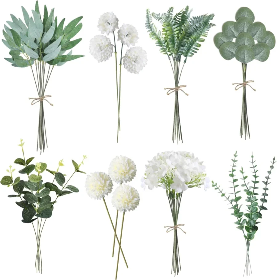 Lot de 55 fleurs artificielles vert et blanc à assembler