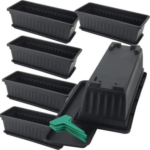 Lot de 6 jardinières noires avec plateaux, 43 cm
