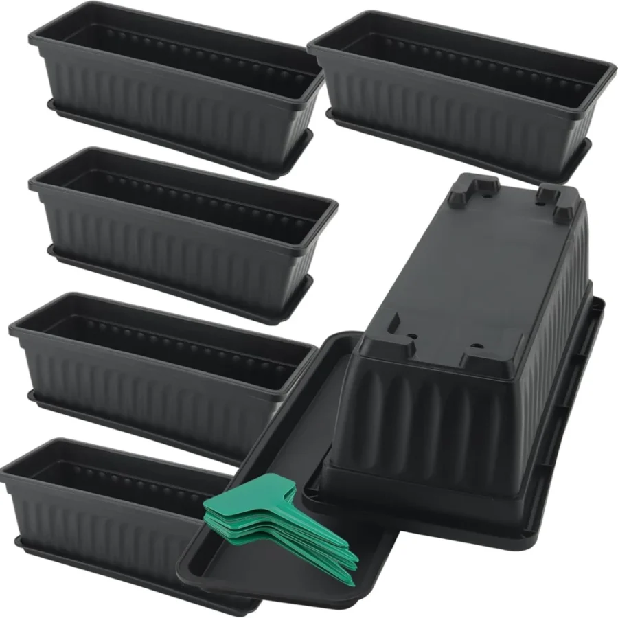 Lot de 6 jardinières noires avec plateaux, 43 cm