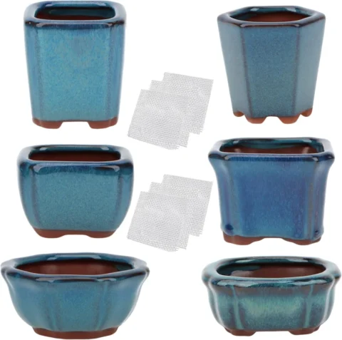 Lot de 6 mini pots à bonsaï émaillés avec grilles