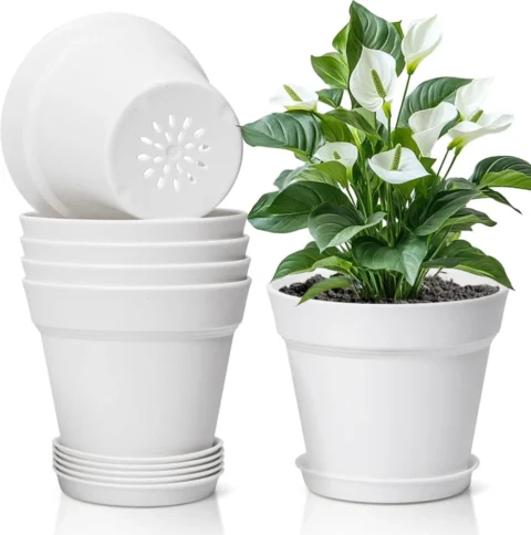 Lot de 6 pots de fleurs blancs avec soucoupes, 19 cm