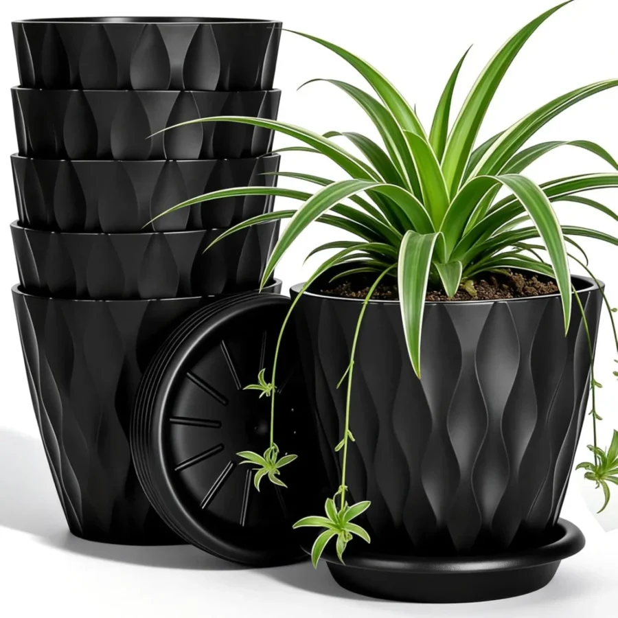 Lot de 6 pots de fleurs noirs avec soucoupes, 10 cm