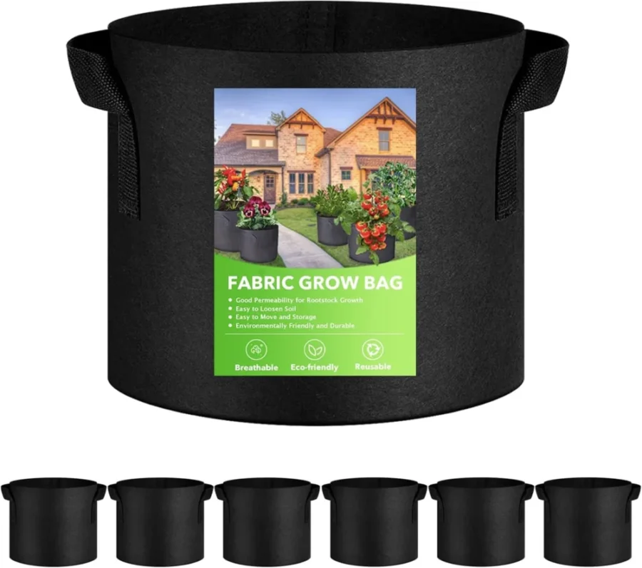 Lot de 6 sacs de plantation noirs, 60 L, avec poignées