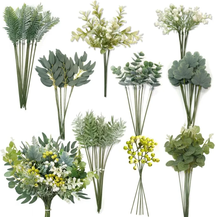 Lot de 78 feuilles d’eucalyptus artificielles avec tiges