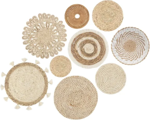 Lot de 8 paniers muraux plats en rotin, style bohème