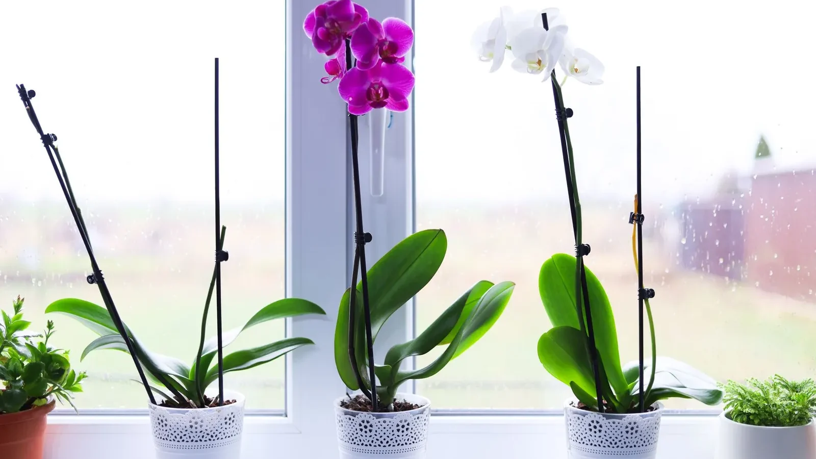 Orchidées en pot sur un rebord de fenêtre lumineux
