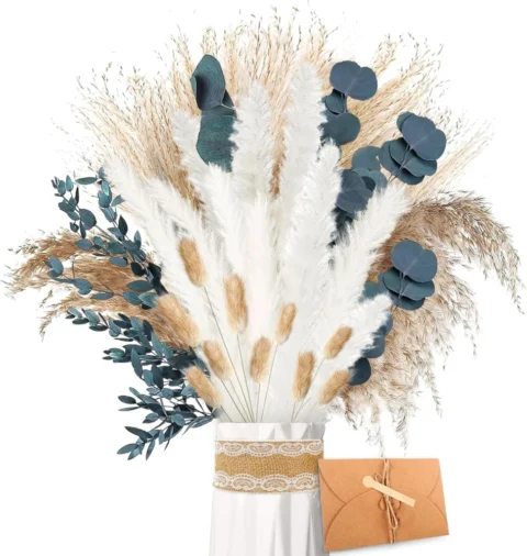 Pampa et eucalyptus séchés, lot avec ruban vintage