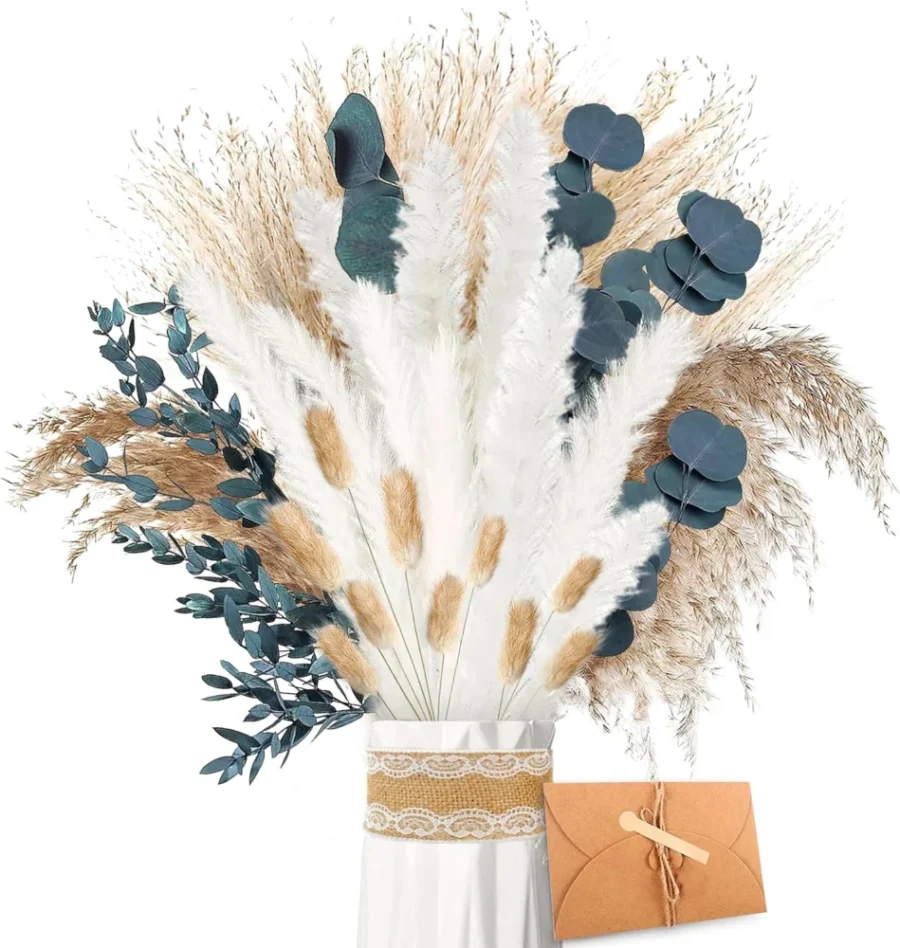 Pampa et eucalyptus séchés, lot avec ruban vintage