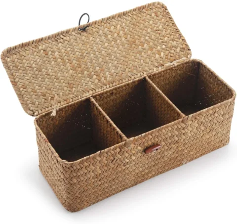 Panier 3 compartiments en jonc de mer avec couvercle