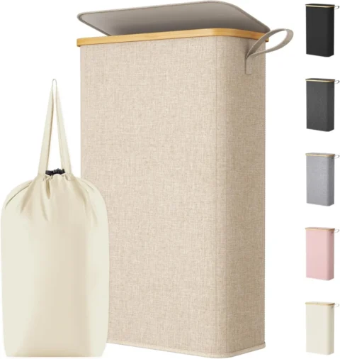 Panier à linge extra plat en bambou et tissu, 70 L