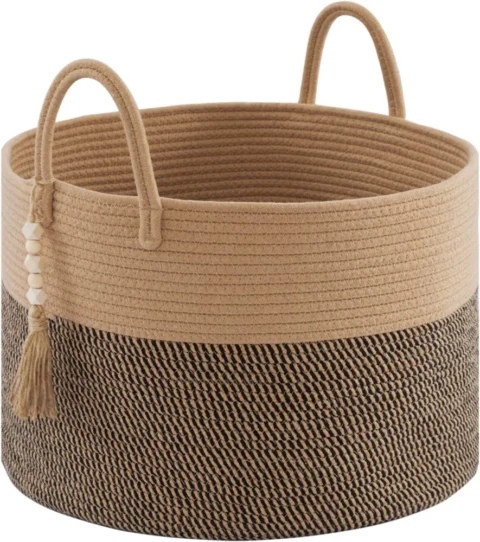 Panier à linge rond en corde de coton, perles bois