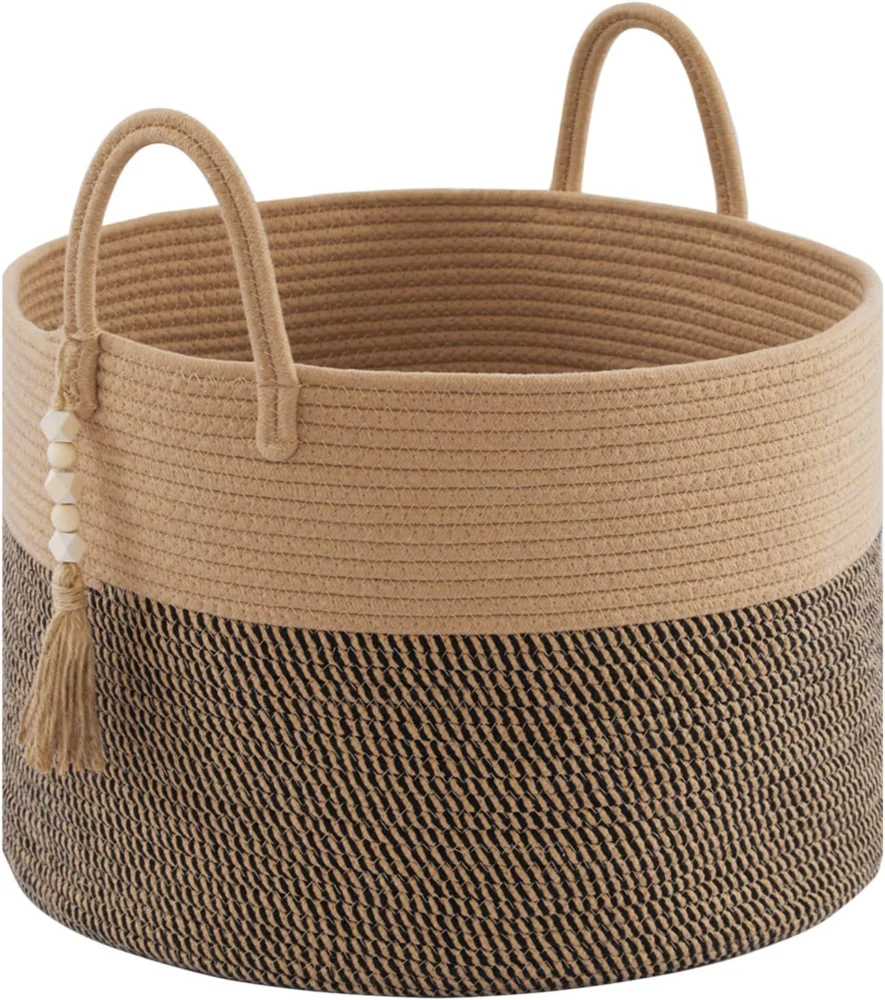 Panier à linge rond en corde de coton, perles bois