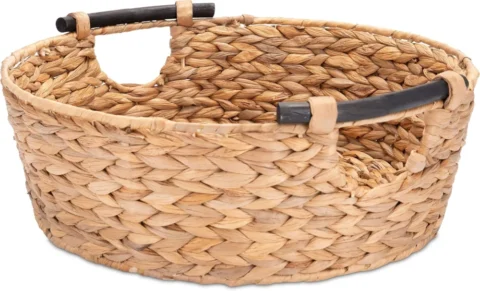 Panier à linge rond en jonc de mer, poignées bois, 42 cm