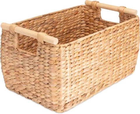 Panier long et étroit en jacinthe d’eau, poignée bois