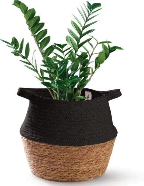 Panier tressé en jonc de mer et coton, noir, 27 cm