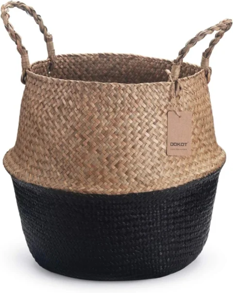 Panier ventre pliable en jonc de mer noir, 38 cm