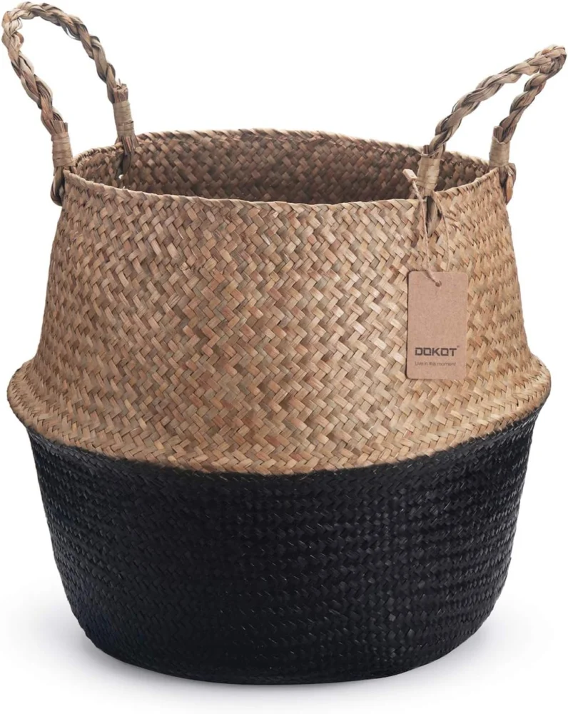 Panier ventre pliable en jonc de mer noir, 38 cm