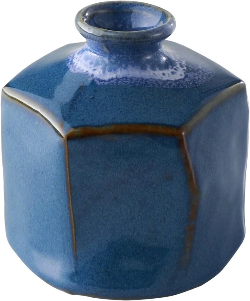 Petit vase hexagonal en céramique bleue, Wazakura