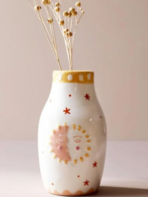 Petit vase visage soleil et lune, céramique bohème