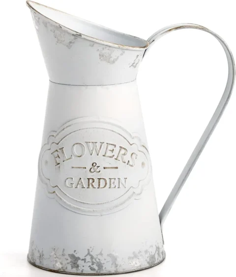 Pichet vase rustique blanc galvanisé, avec poignée, 20 cm