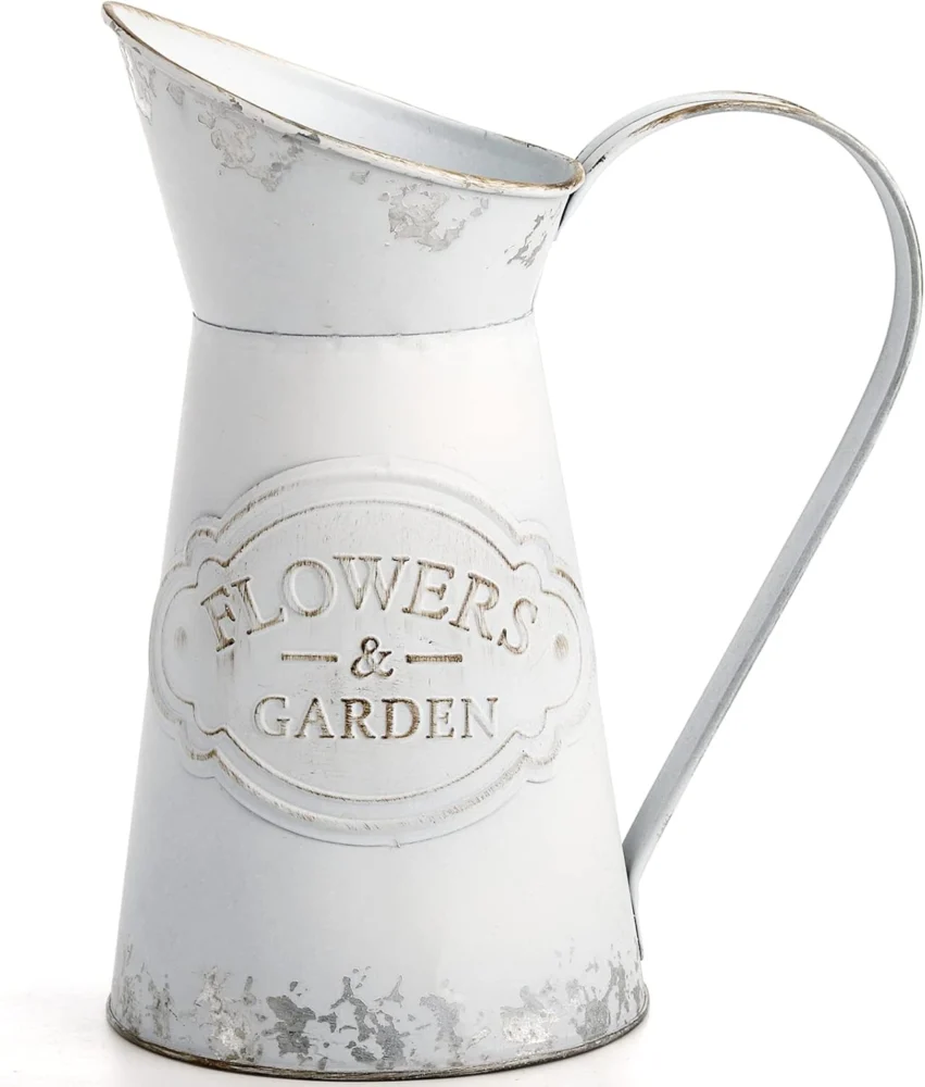 Pichet vase rustique blanc galvanisé, avec poignée, 20 cm