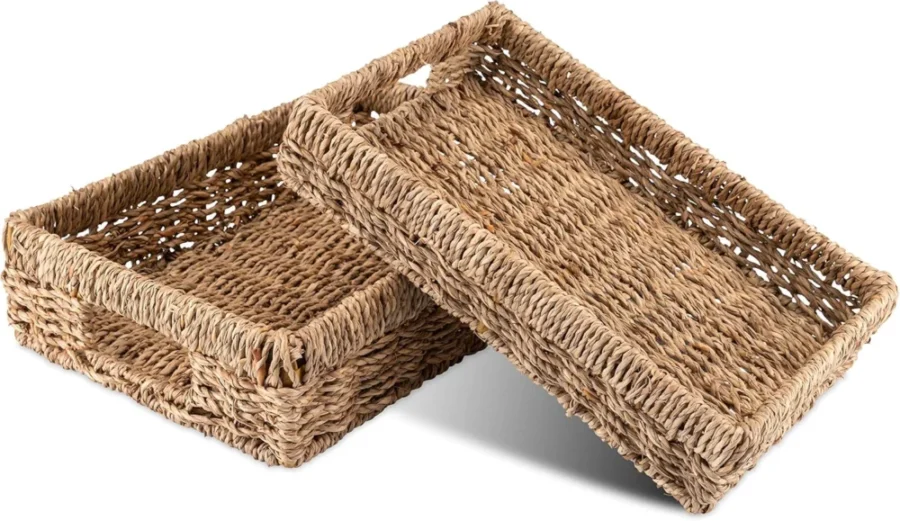 Plateau-panier plat en jonc de mer et paille, 2 tailles