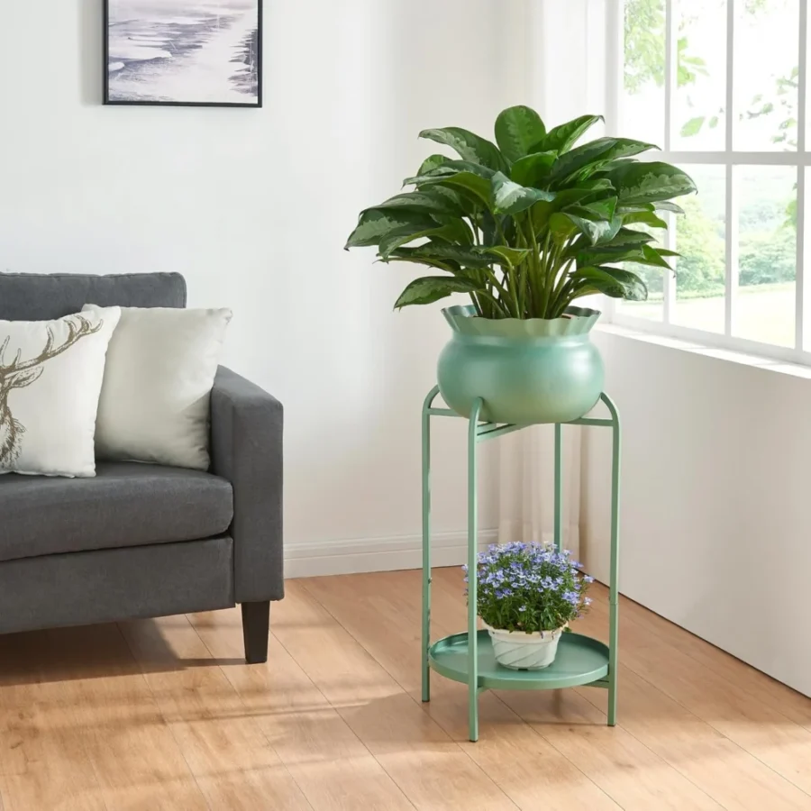 Porte-plantes vert avec cache-pot, 2 niveaux, 60 cm