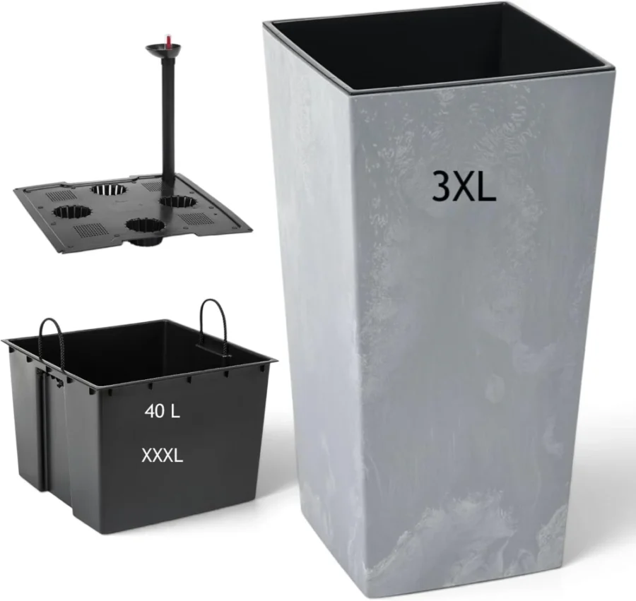 Pot carré haut à réserve d’eau, gris, 75 cm de haut