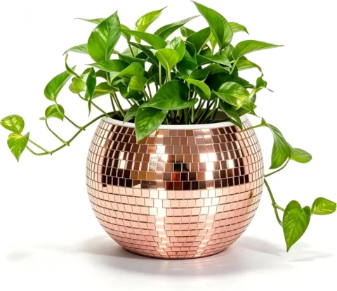 Pot de fleurs boule disco rose doré, effet miroir