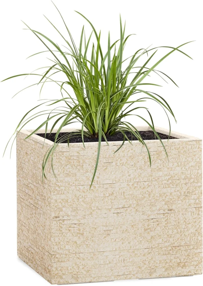 Pot de fleurs cube en fibre de verre sable, 23 cm