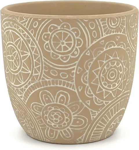 Pot de fleurs décoré en terre cuite beige, 13,5 cm