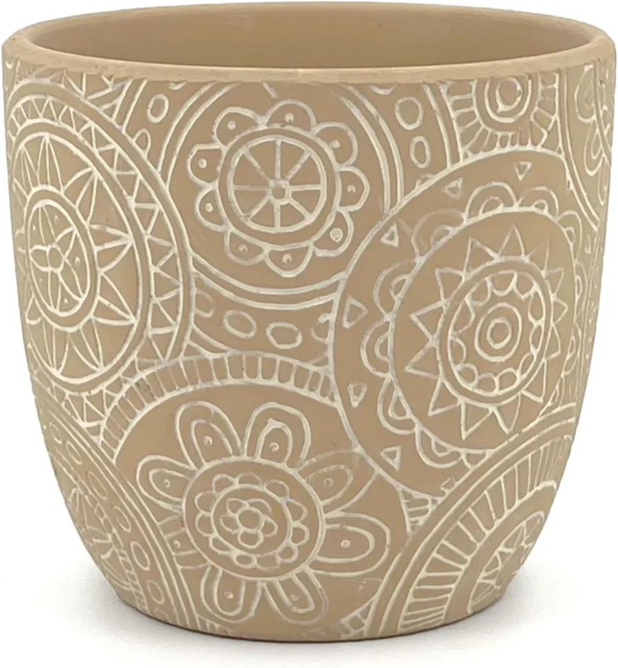 Pot de fleurs décoré en terre cuite beige, 13,5 cm