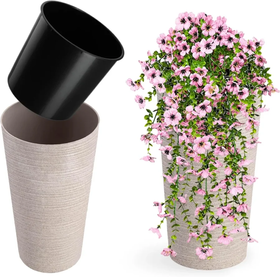 Pot de fleurs effet copeaux de bois, crème, 30 cm
