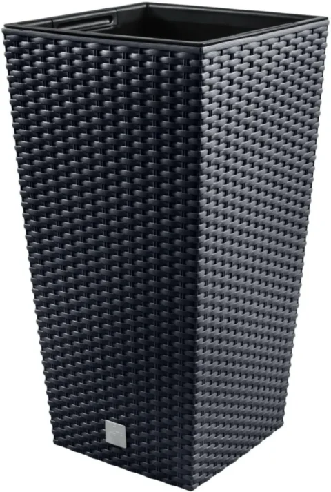Pot de fleurs haut effet rotin avec insert, anthracite